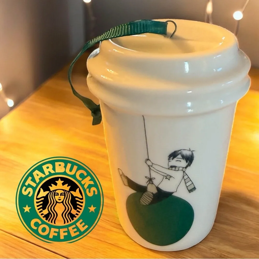 Starbucks Holiday 2015 Mini Cup Ornament Swinging Boy Design Ceramic Collectible